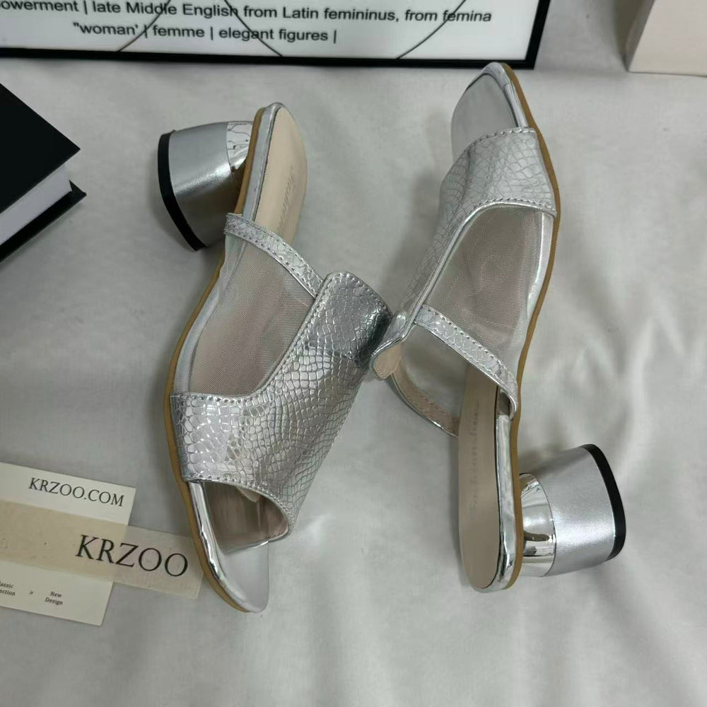 Mesh Chunky Heeled Open-Toe Sandals PinTow