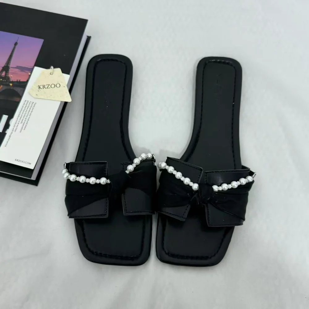 Black Bow-Detail Flat Slides PinTow