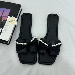 Black Bow-Detail Flat Slides PinTow