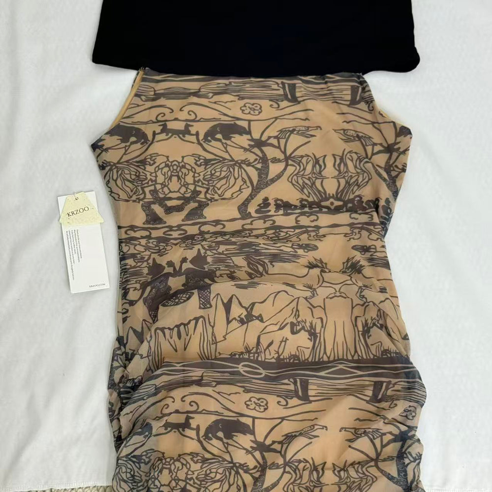 Retro-Print Off-The-Shoulder Ppatchwork Dress PinTow