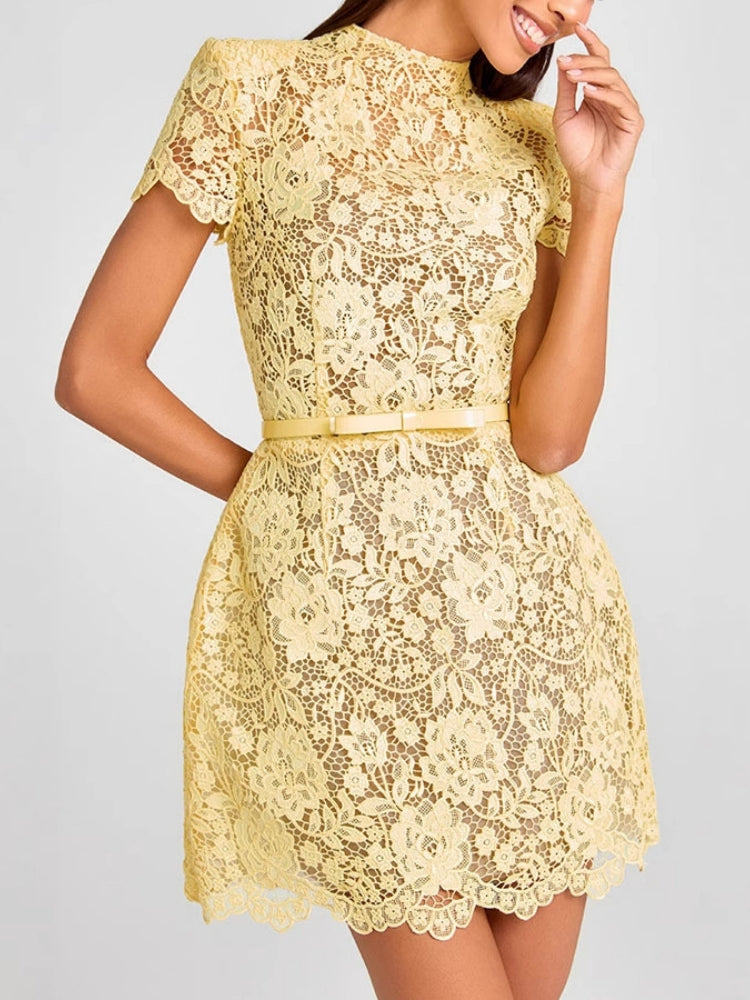 Embroidered Lace Belted Sheer Mini Dress Newgew Dresses