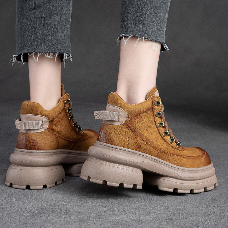 Women Retro Leather Chunky Platform Ankle Boots Newgew Shoes