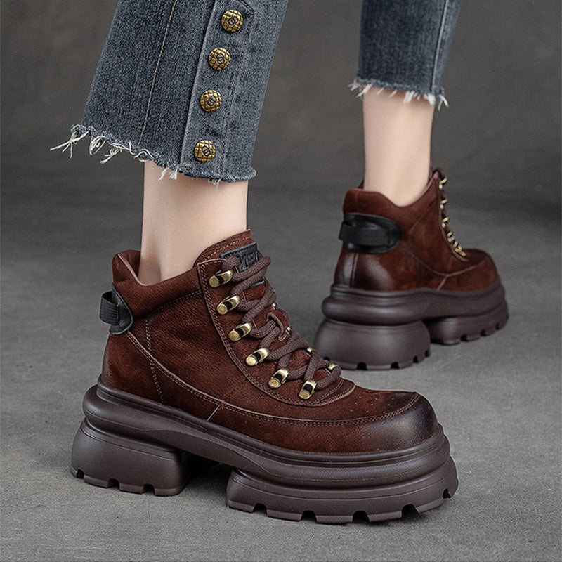 Women Retro Leather Chunky Platform Ankle Boots Newgew Shoes