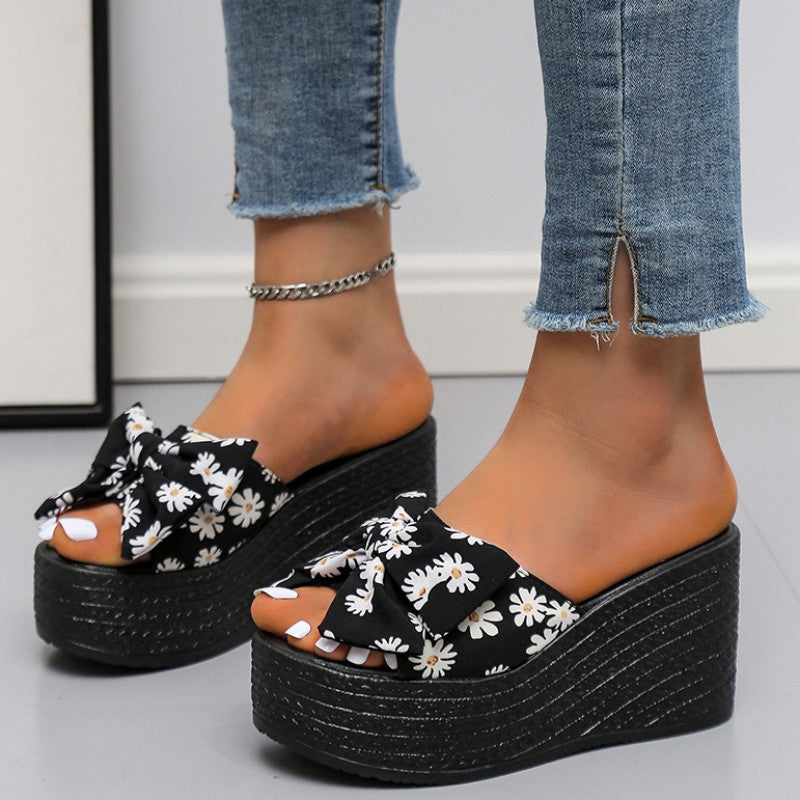 Casual Patchwork Printing With Bow Round Wedges Shoes (Heel Height 3.15in) NewGew