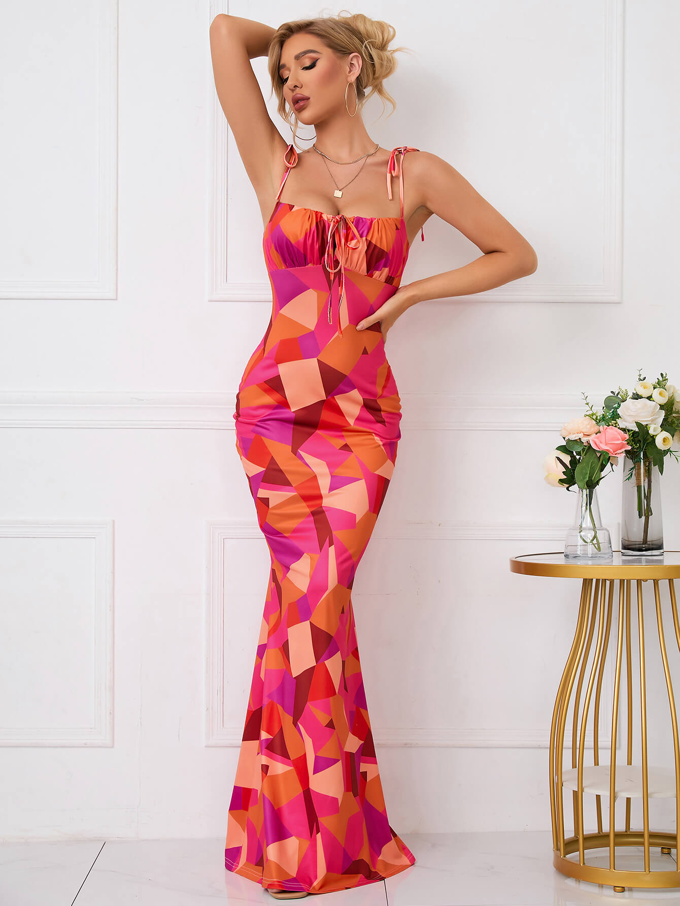 Tie Shoulder Fishtail Hem Floral Print Prom Dress Newgew Dresses