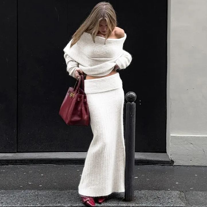 Stretch Off-Shoulder Sweater And Long Skirt Set Newgew Dresses