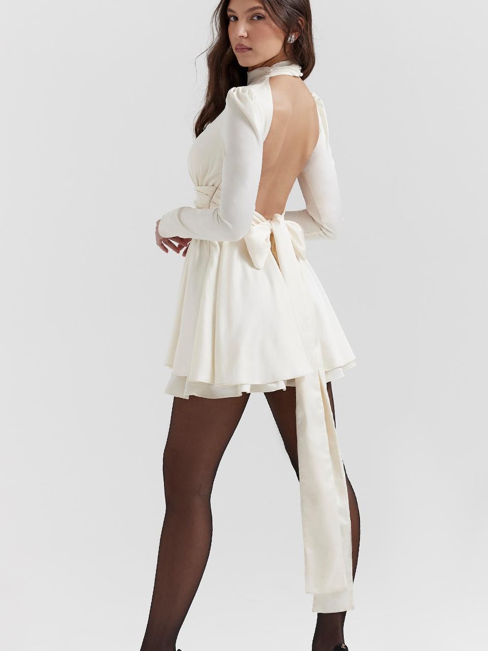 White Lace-Back Bow Detail Long Sleeve Dress Newgew Dresses