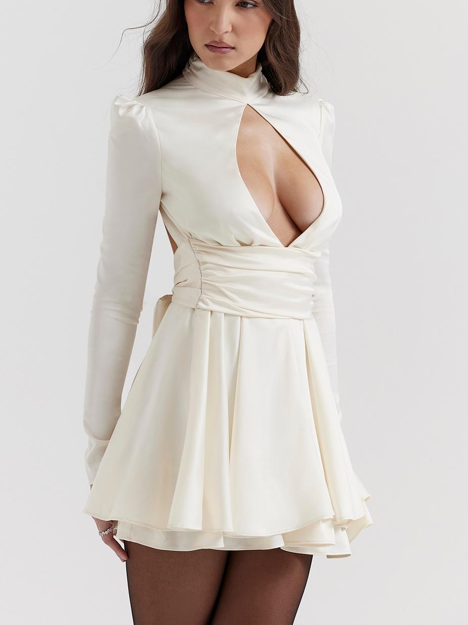 White Lace-Back Bow Detail Long Sleeve Dress Newgew Dresses