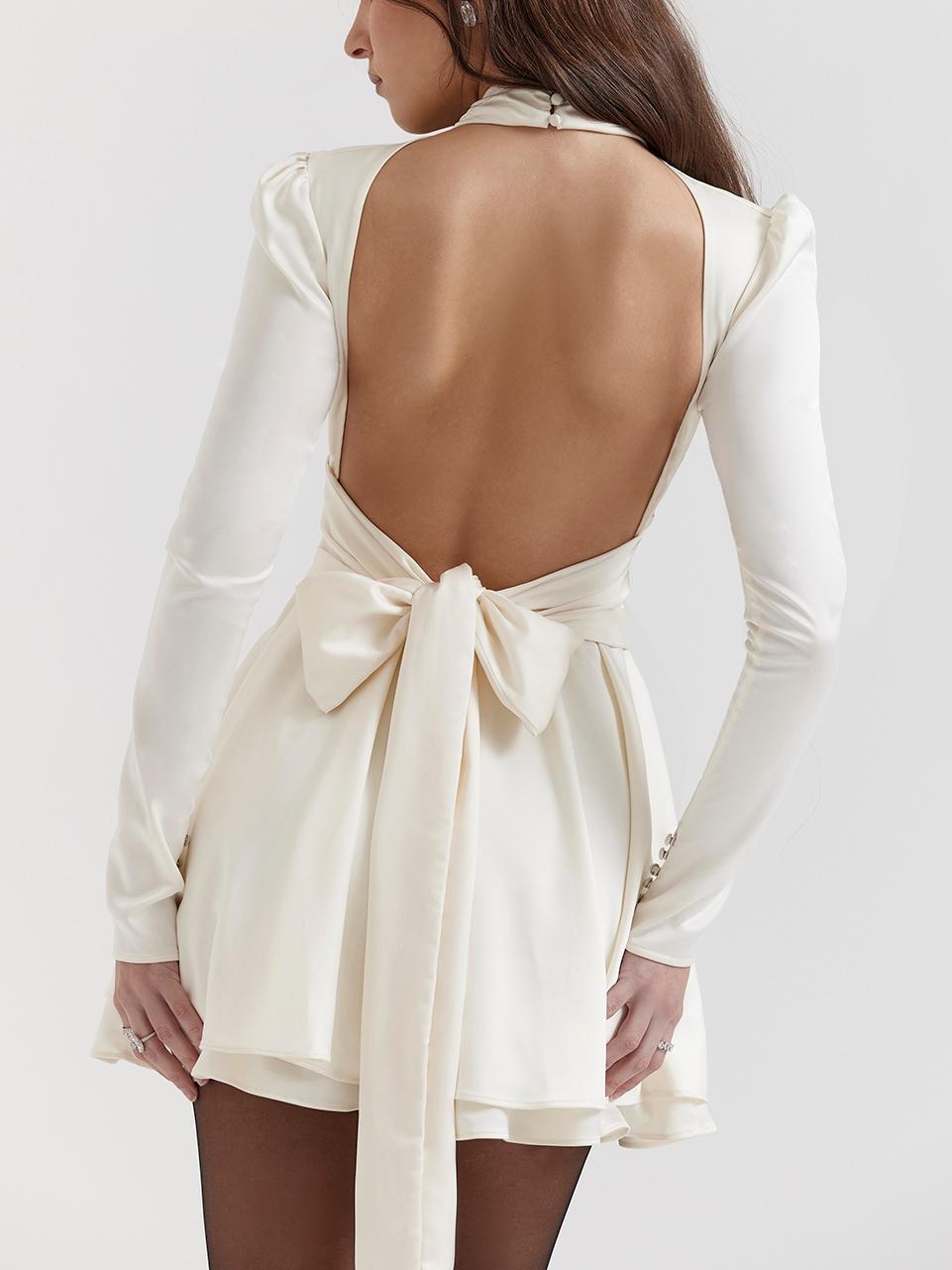 White Lace-Back Bow Detail Long Sleeve Dress Newgew Dresses