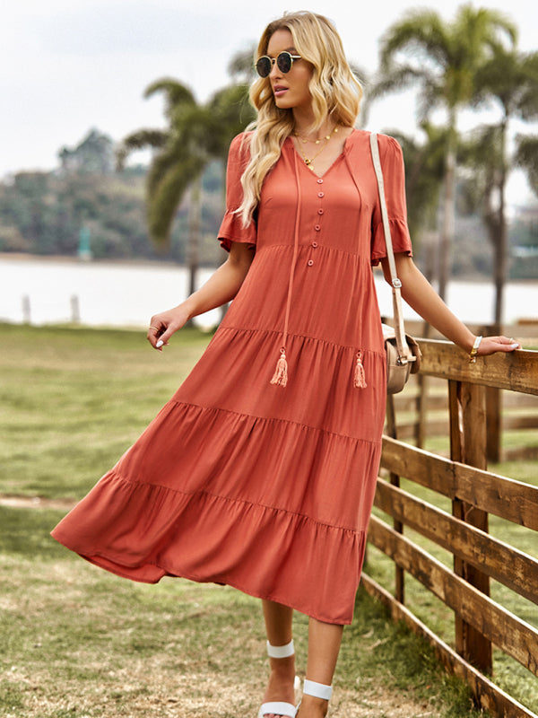 Women's Orange Short Sleeve V-Neck Ruffled Dress Newgew Dresses