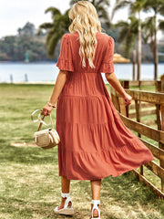 Women's Orange Short Sleeve V-Neck Ruffled Dress Newgew Dresses