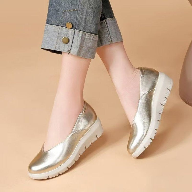 Women Solid Cowhide Leather Casual Flats Shoes Newgew Shoes