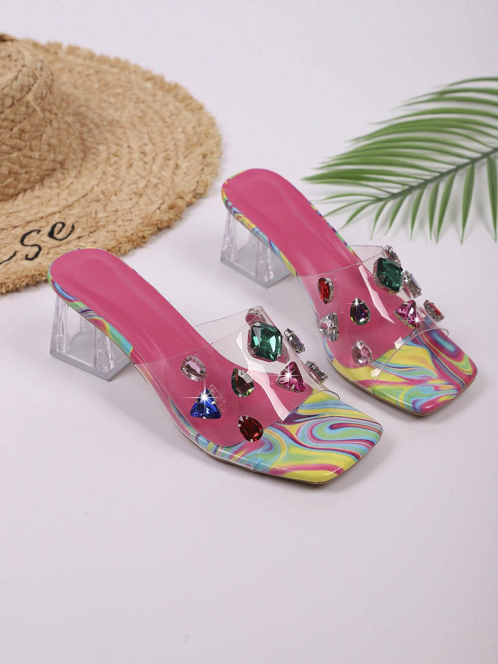 Rhinestone Transparent Strap Mid-Heel Slippers Newgew