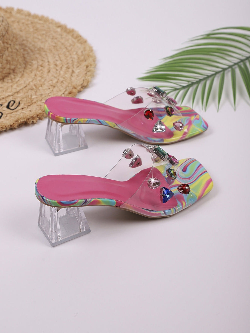 Rhinestone Transparent Strap Mid-Heel Slippers Newgew
