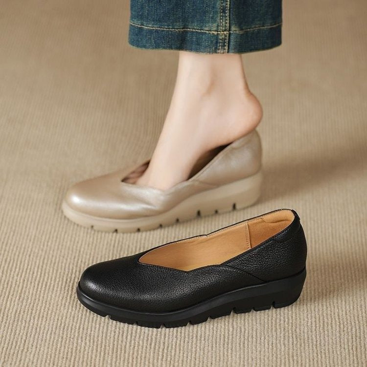 Women Solid Cowhide Leather Casual Flats Shoes Newgew Shoes