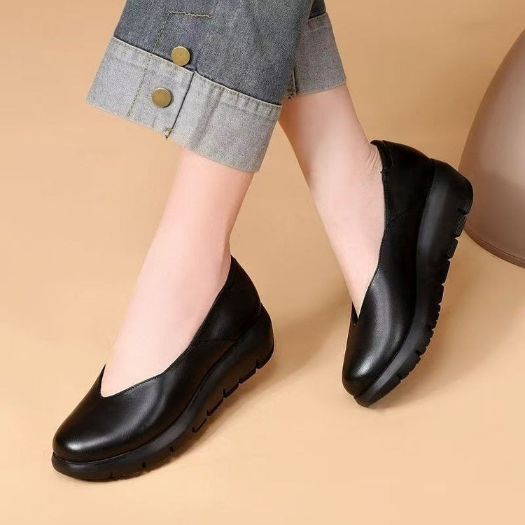 Women Solid Cowhide Leather Casual Flats Shoes Newgew Shoes