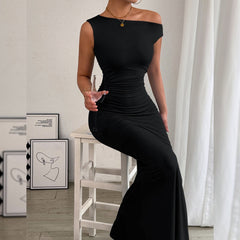 Fishtail Off-The-Shoulder Pleated Dress Newgew