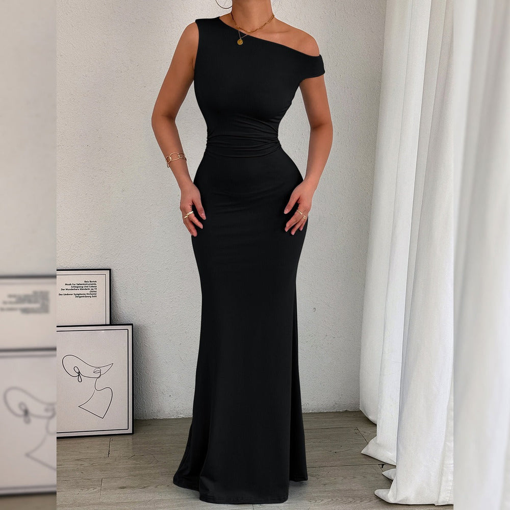 Fishtail Off-The-Shoulder Pleated Dress Newgew