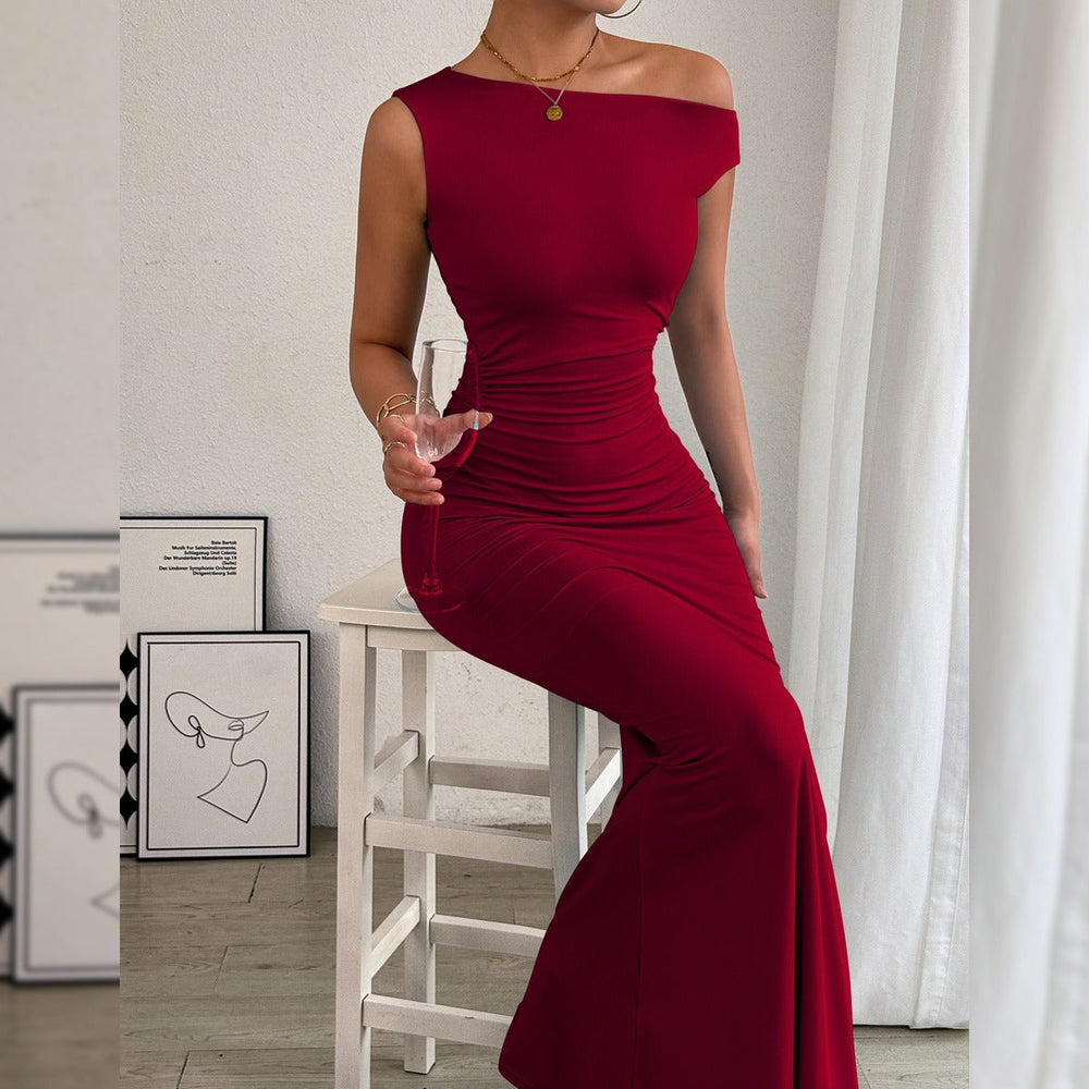 Fishtail Off-The-Shoulder Pleated Dress Newgew