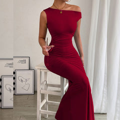 Fishtail Off-The-Shoulder Pleated Dress Newgew