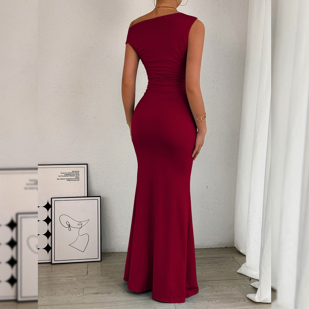 Fishtail Off-The-Shoulder Pleated Dress Newgew
