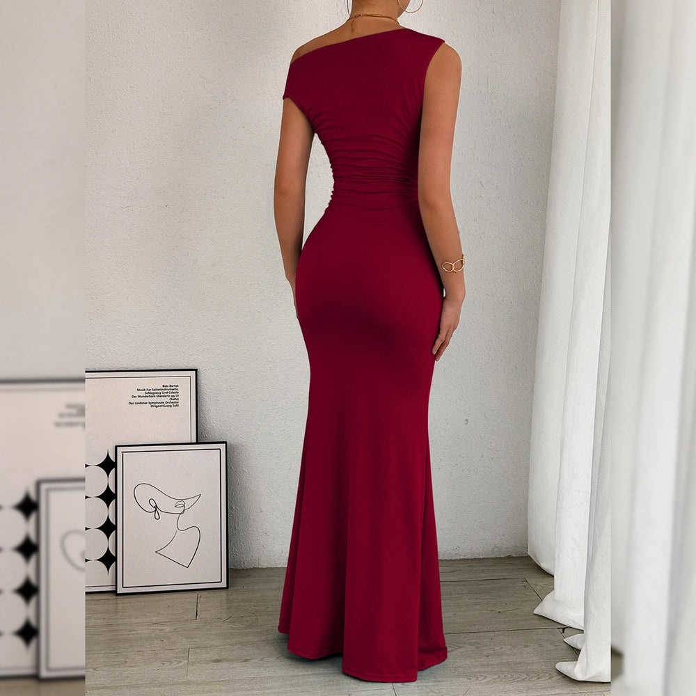 Fishtail Off-The-Shoulder Pleated Dress Newgew