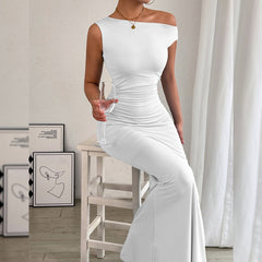 Fishtail Off-The-Shoulder Pleated Dress Newgew