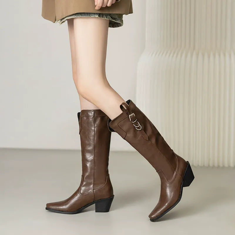 Nayla Brown Block Heel Knee High Boots Newgew