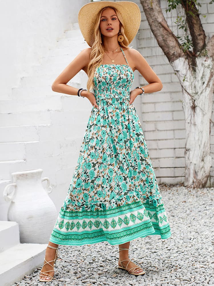 Floral Print Smocked Chest Halter Neck Maxi Dress Newgew Dresses
