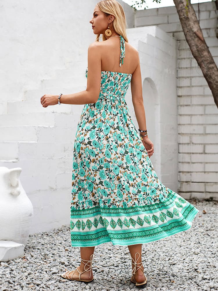 Floral Print Smocked Chest Halter Neck Maxi Dress Newgew Dresses