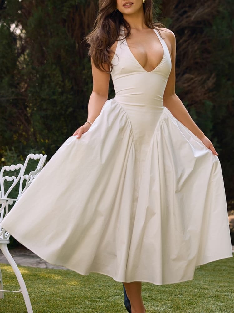 White Cotton Halter Midi Sundress Newgew Dresses