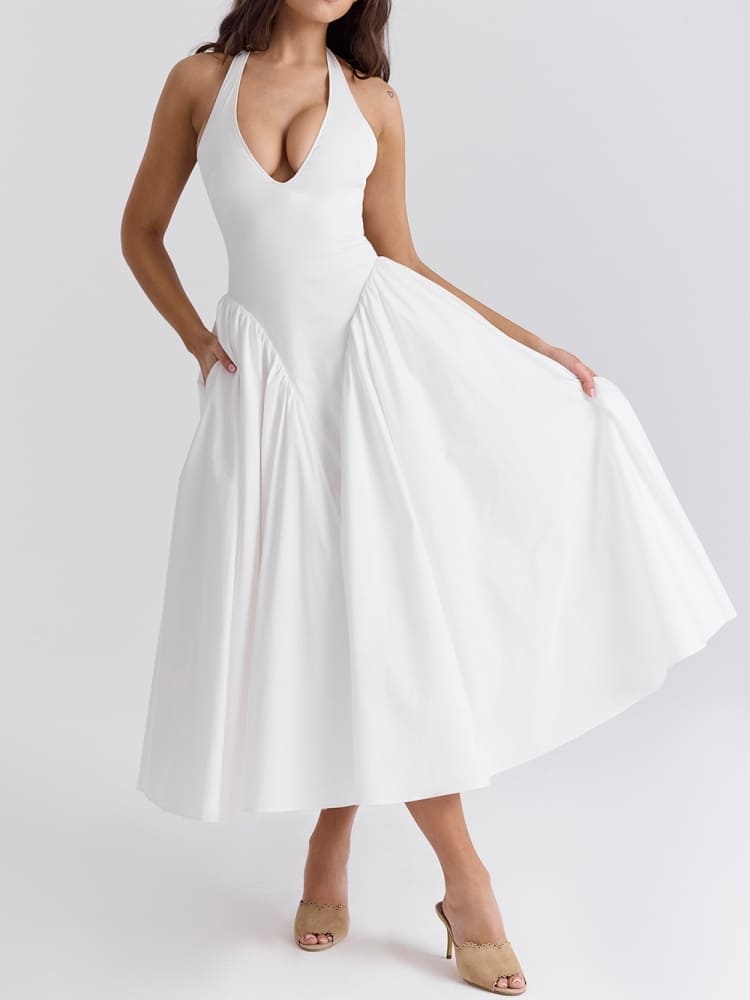 White Cotton Halter Midi Sundress Newgew Dresses