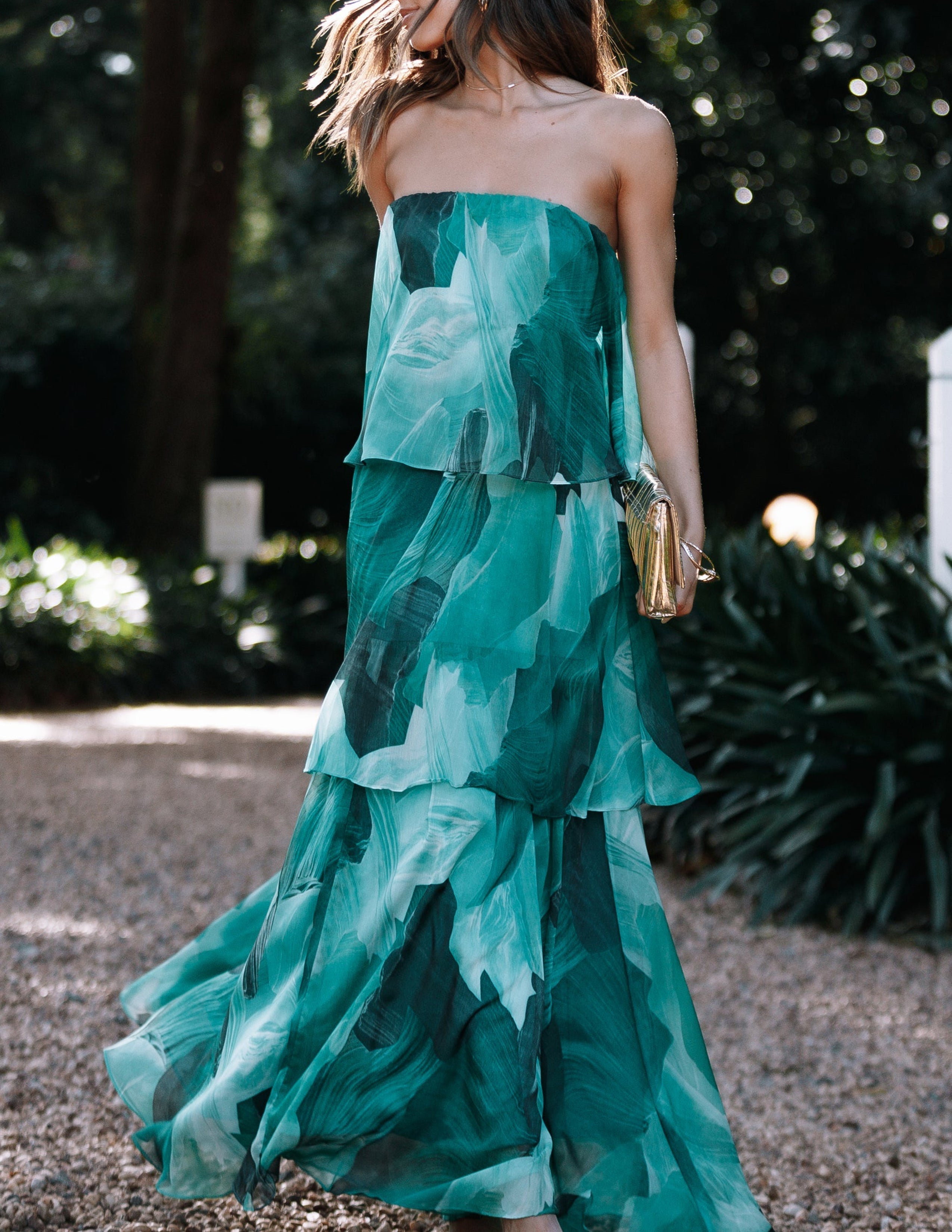 Calista Green Bloom Strapless Tiered Maxi Dress Newgew Dresses