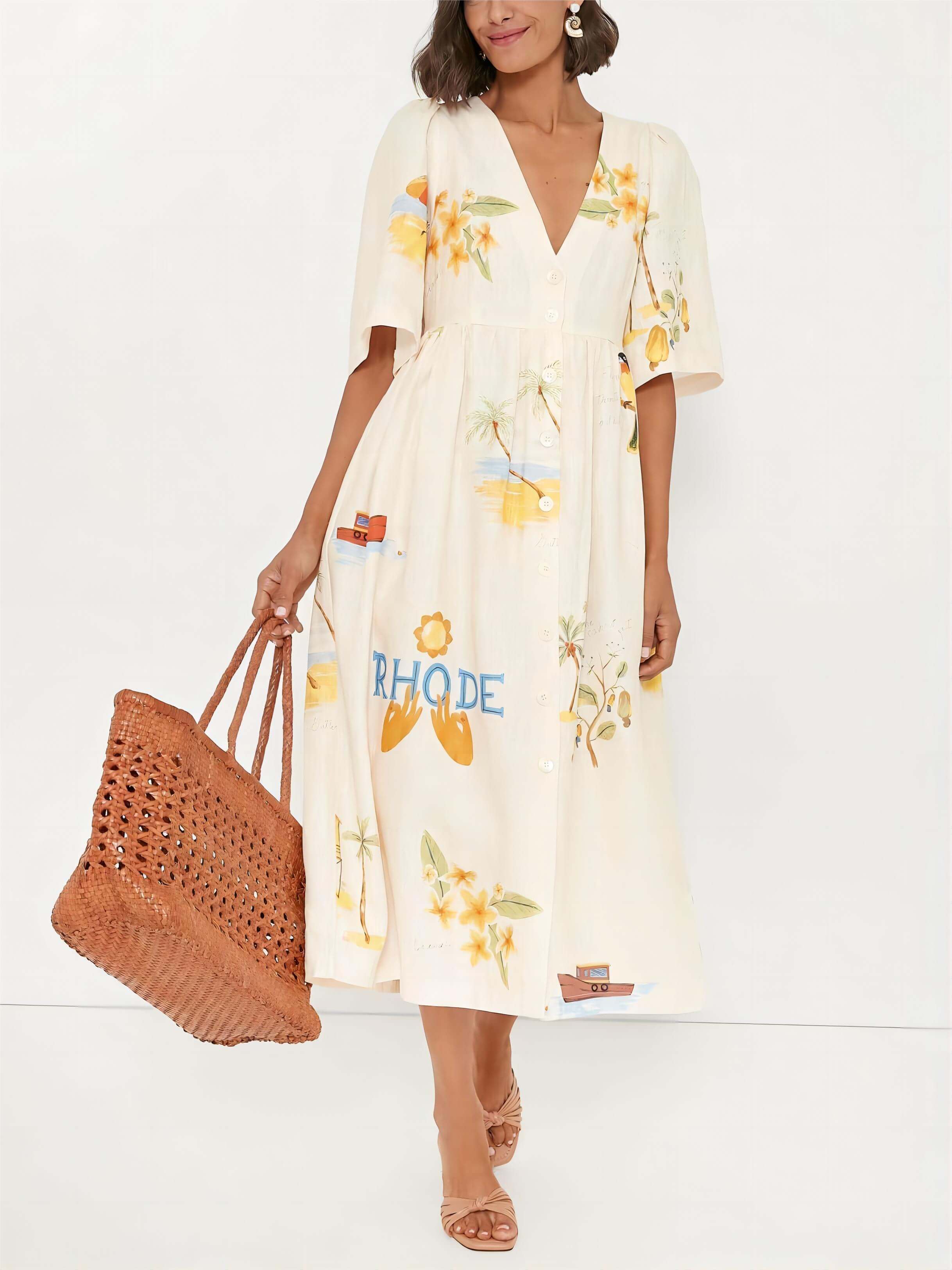 Unique Holiday Folk Floral Print Puff Sleeve Midi Dress Newgew Dresses