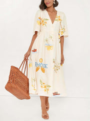 Unique Holiday Folk Floral Print Puff Sleeve Midi Dress Newgew Dresses