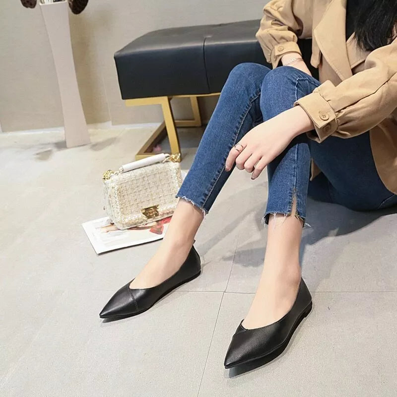 PU Leather Shoes Ballet Flats Pointed Toe Shallow Mouth Slip-on Loafer NewGew