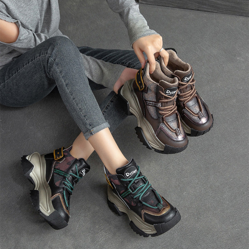 Women Retro Fashion Leather Chunky Platform Dad Shoes Newgew Shoes