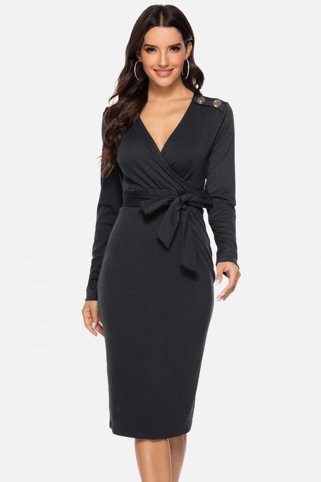 V Neck Wrap Tied Waist Slit Dress Newgew