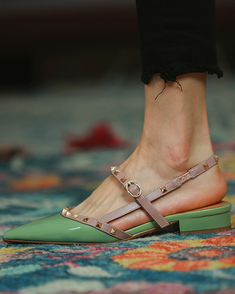 Pointed-toe Solid Color Splicing Studded Buckle Flat Sandals Newgew