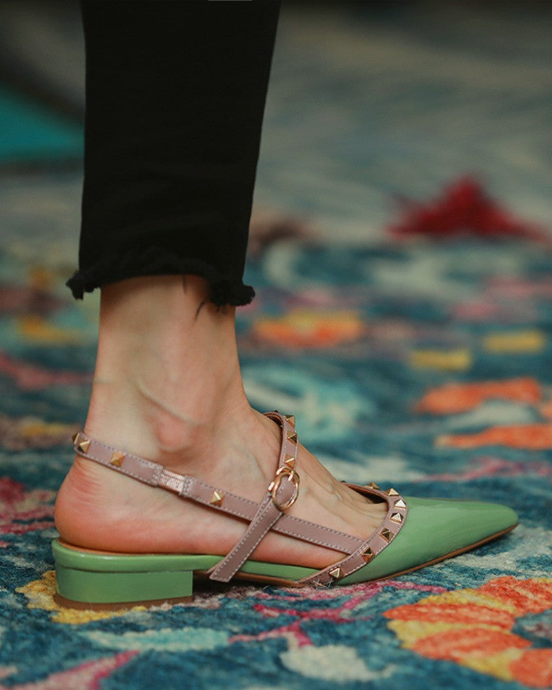 Pointed-toe Solid Color Splicing Studded Buckle Flat Sandals Newgew