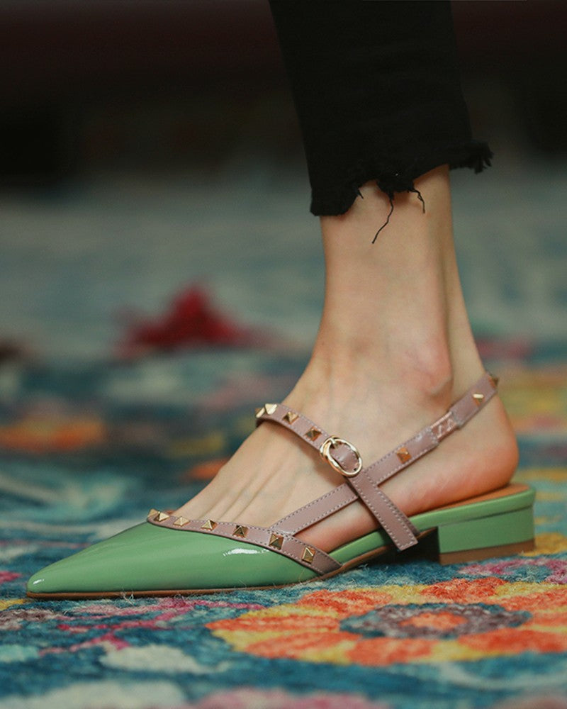 Pointed-toe Solid Color Splicing Studded Buckle Flat Sandals Newgew