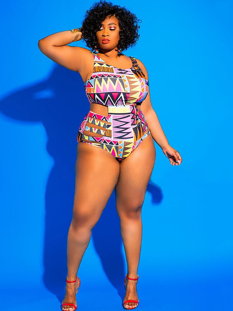 One Piece Hollow Out Geometric Print Swimsuit Newgew