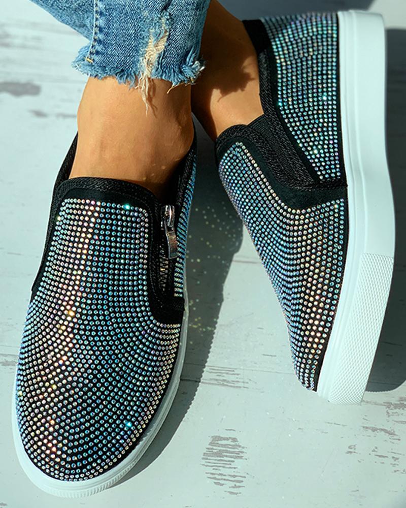Studded Zipper Design Close Toe Casual Shoes Newgew