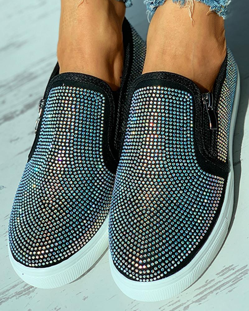 Studded Zipper Design Close Toe Casual Shoes Newgew