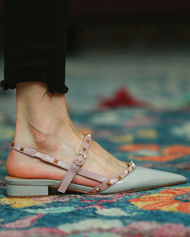 Pointed-toe Solid Color Splicing Studded Buckle Flat Sandals Newgew