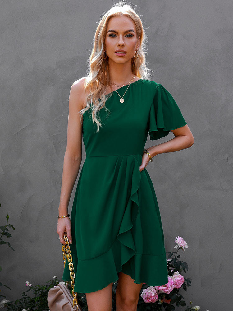 One Shoulder Irregular Ruffle Mini Dresses Newgew