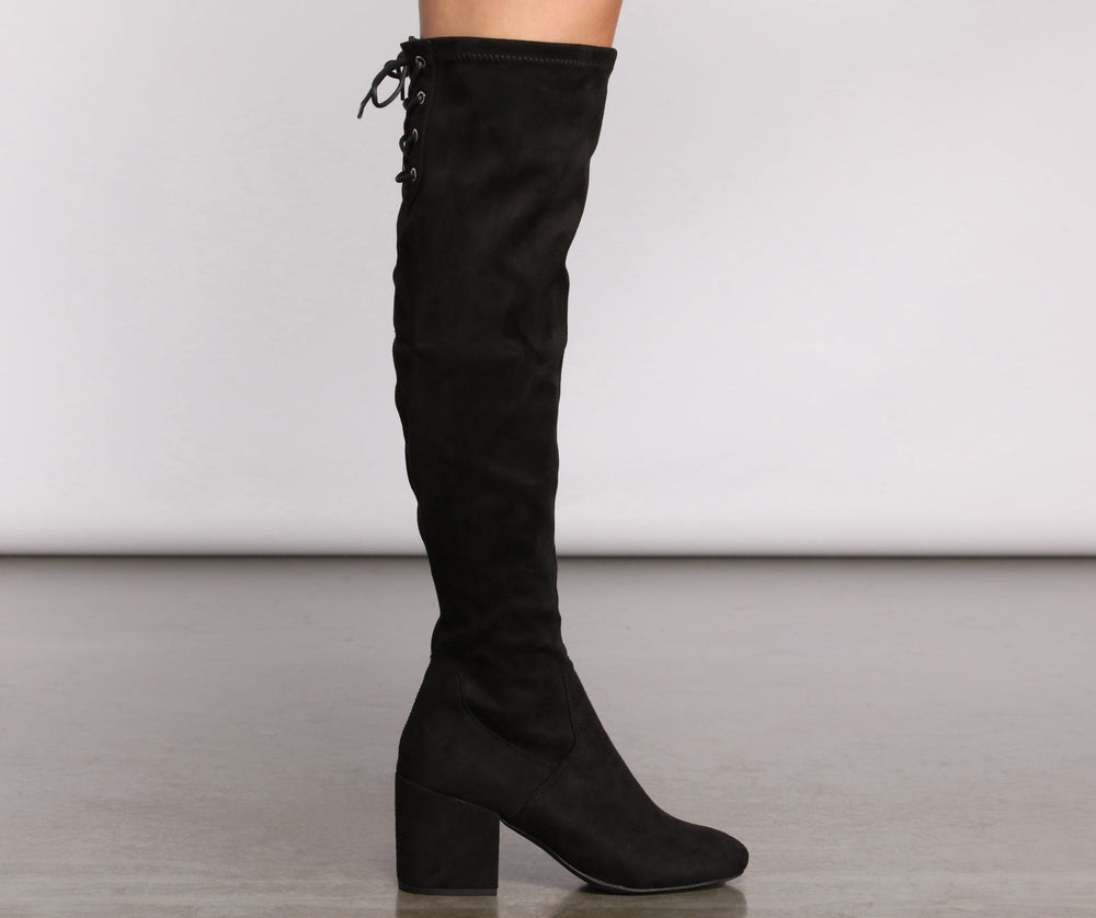Over The Knee Tie Back Heeled Boots Newgew