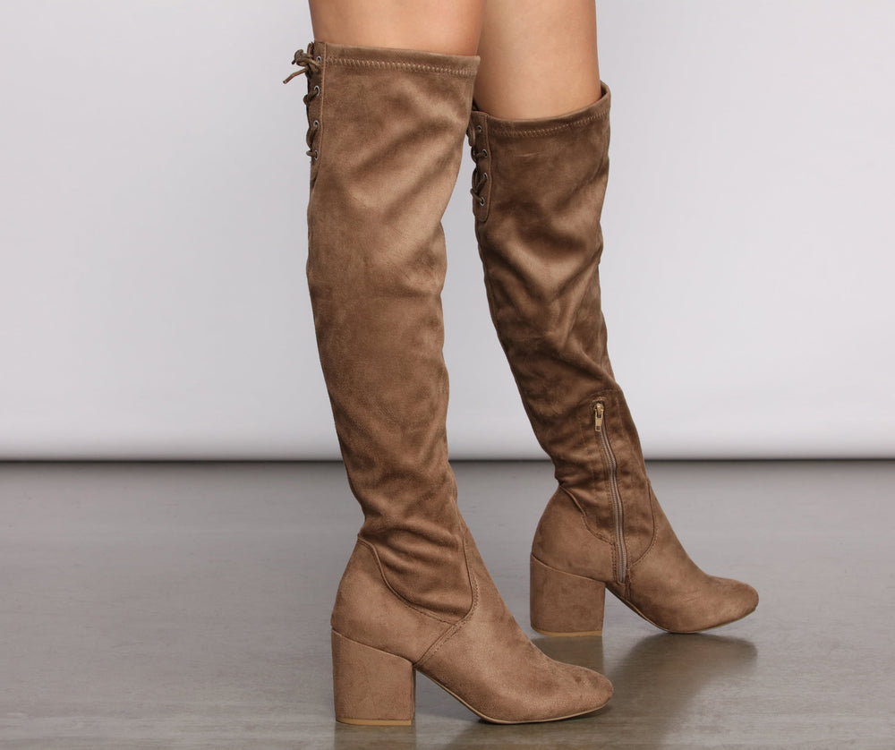 Over The Knee Tie Back Heeled Boots Newgew
