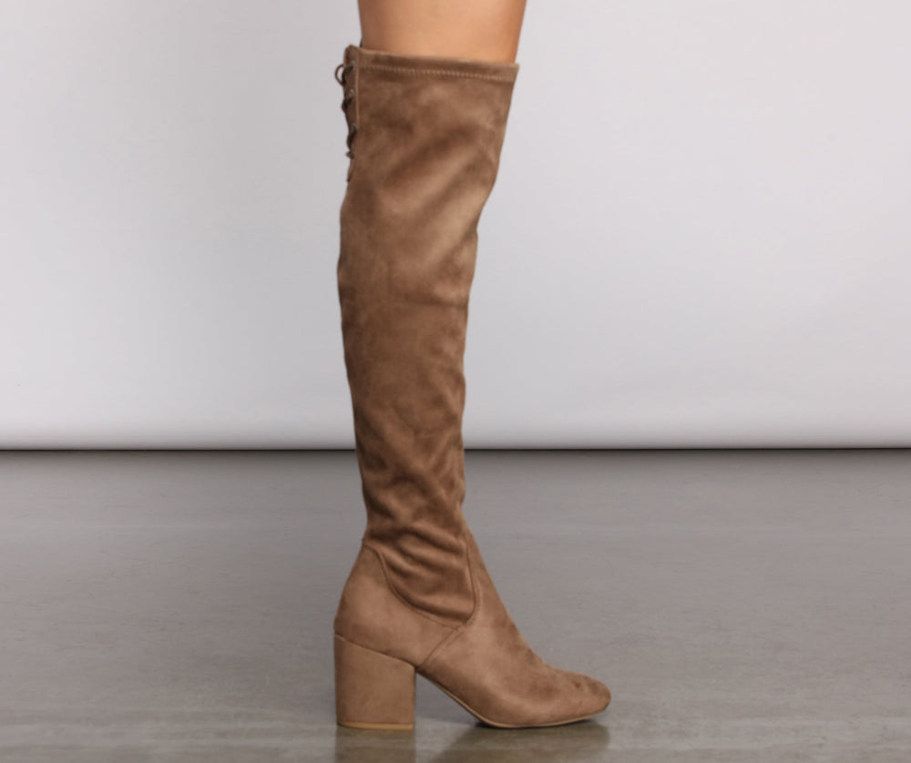 Over The Knee Tie Back Heeled Boots Newgew
