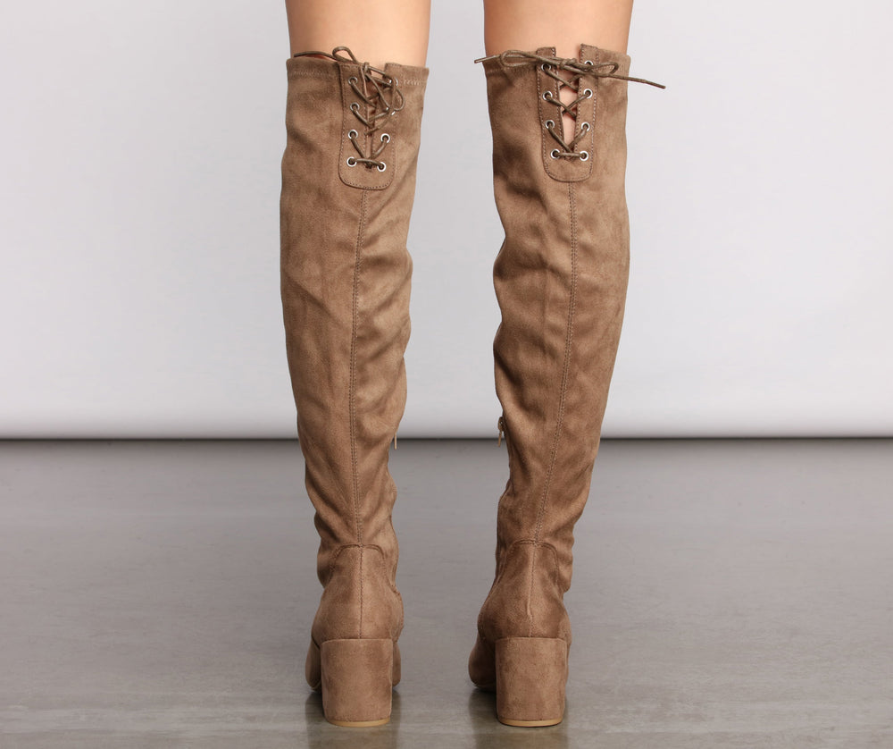 Over The Knee Tie Back Heeled Boots Newgew